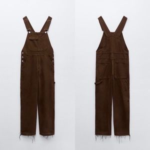 Zara solid color brown denim carpenter overalls